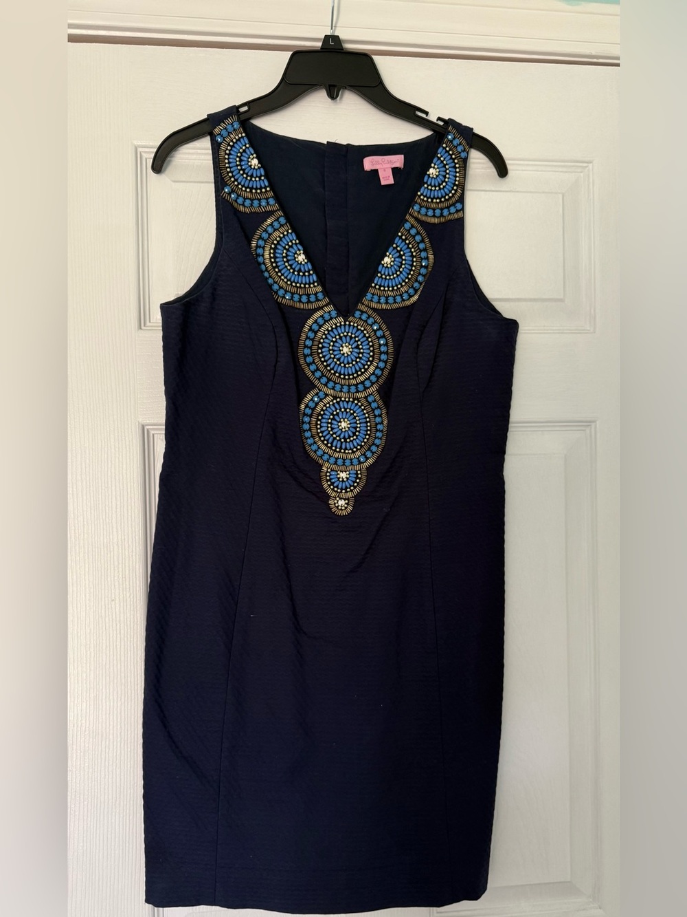 Lilly Pulitzer Navy Beaded Shift Dress Size 8 Blue Gold Embellished
